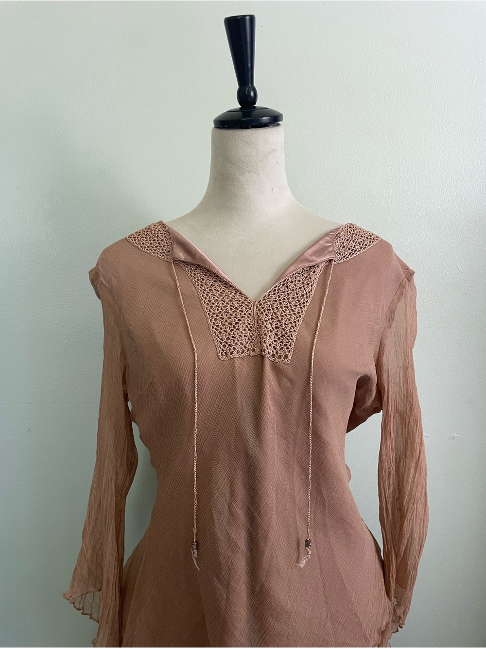 Boho Y2K Silk Crochet-Trim Blouse